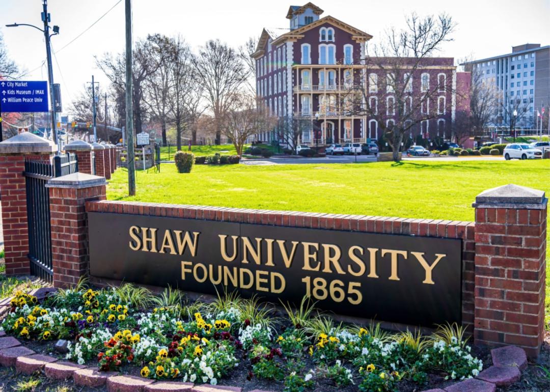 An entrance sign for Shaw University in front of a red brick building.