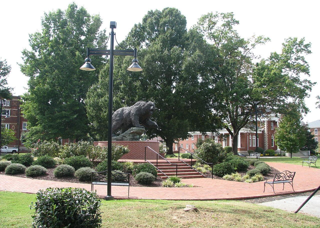 A bear statue in front of Livingstone College.