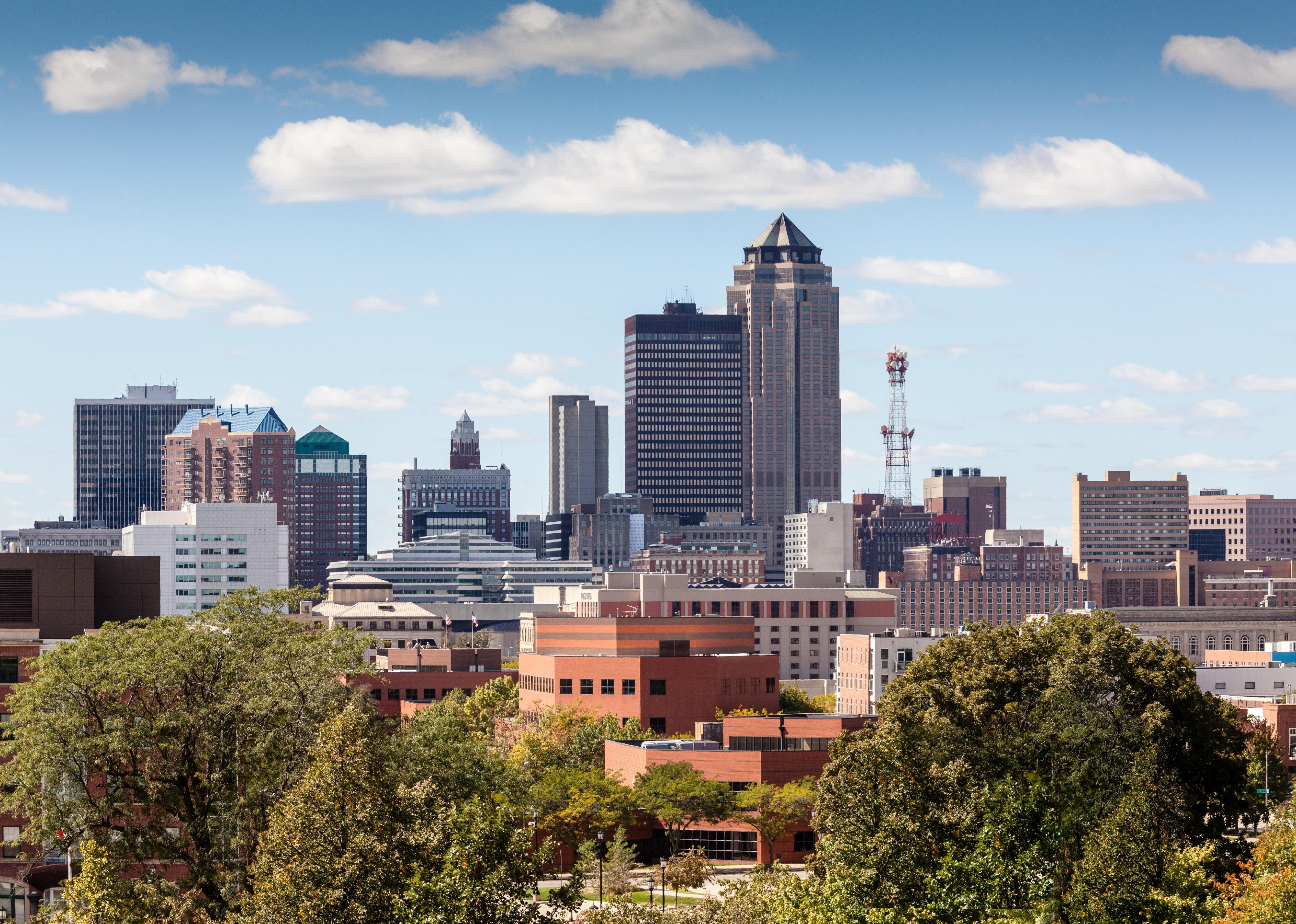 The skyline of Des Moines, Iowa.