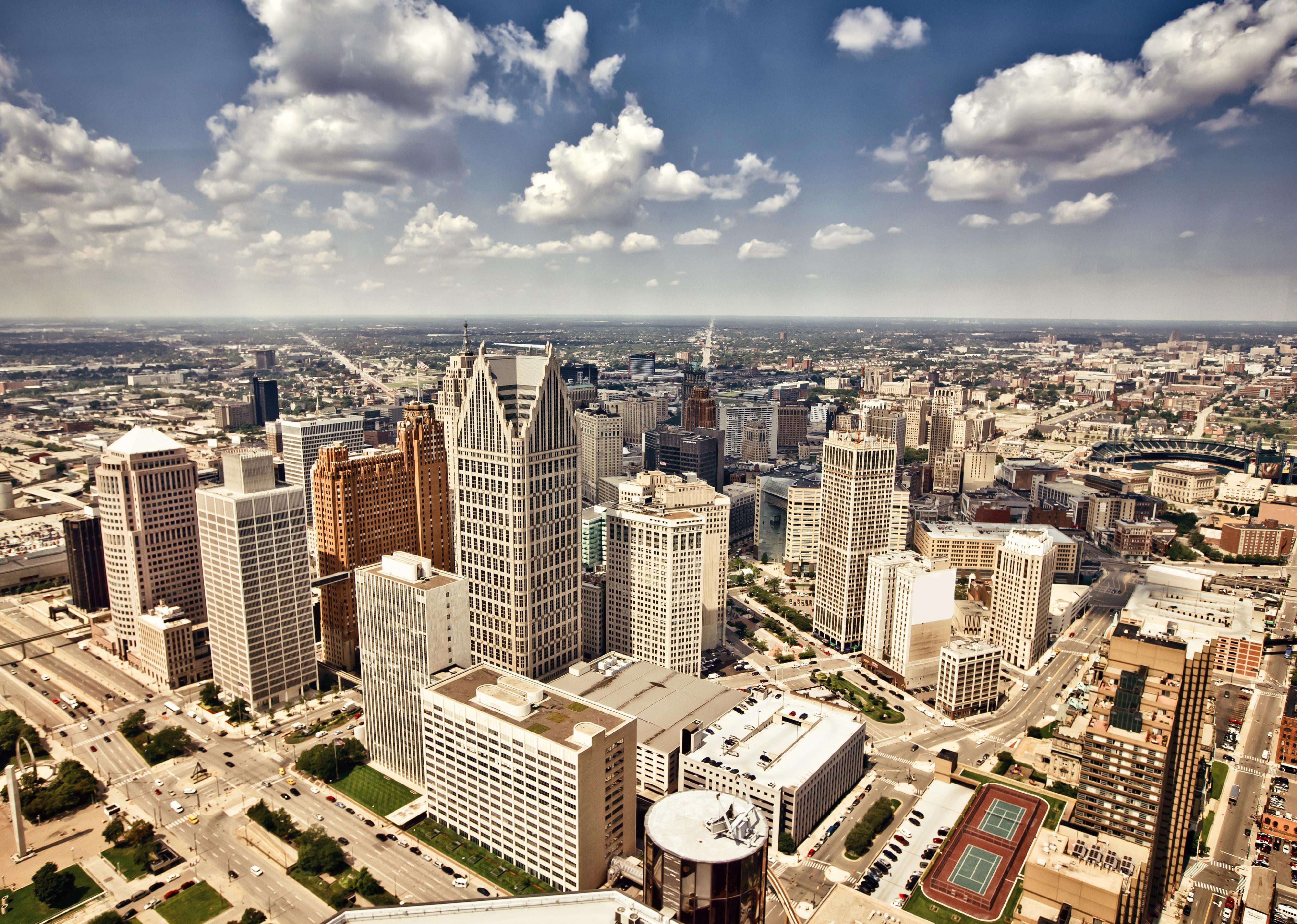 Sunny skies over downtown Detroit and surrounding area.