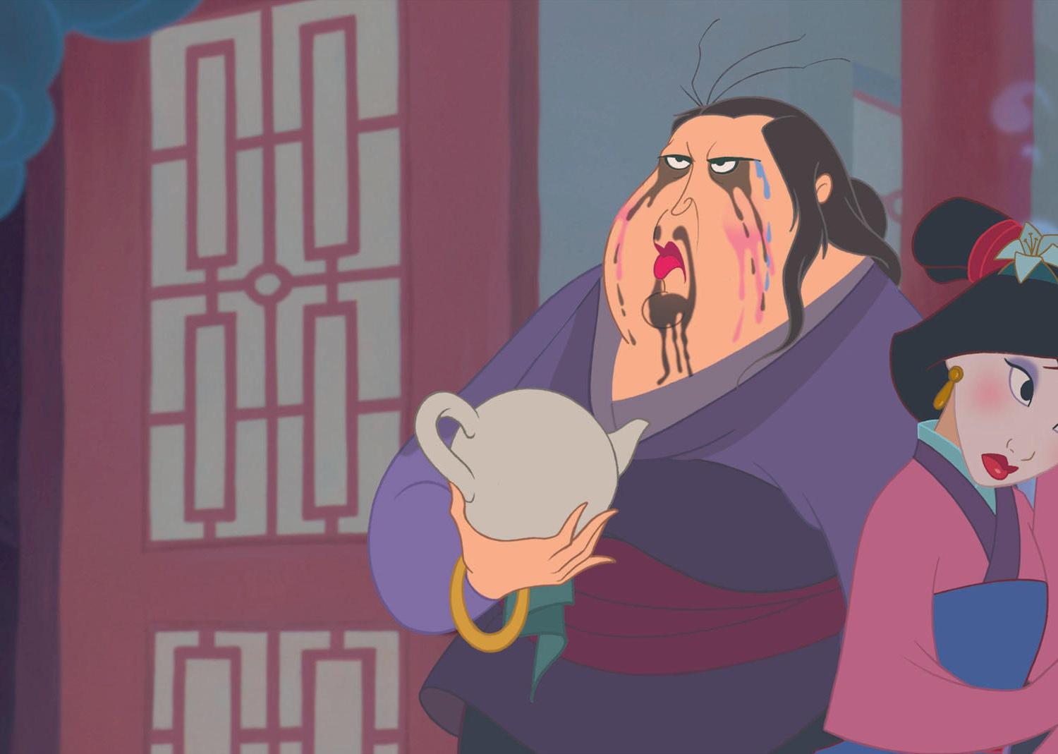 A animated image of Mulan looking embarrassed next to an older man with something all over his face while holding a teapot.