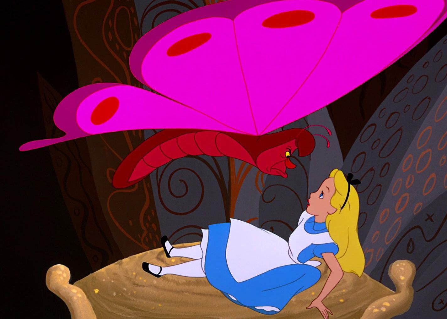 A cartoon of Alice, a girl in a blue dress, lying down with a giant grumpy pink butterfly hovering above her.