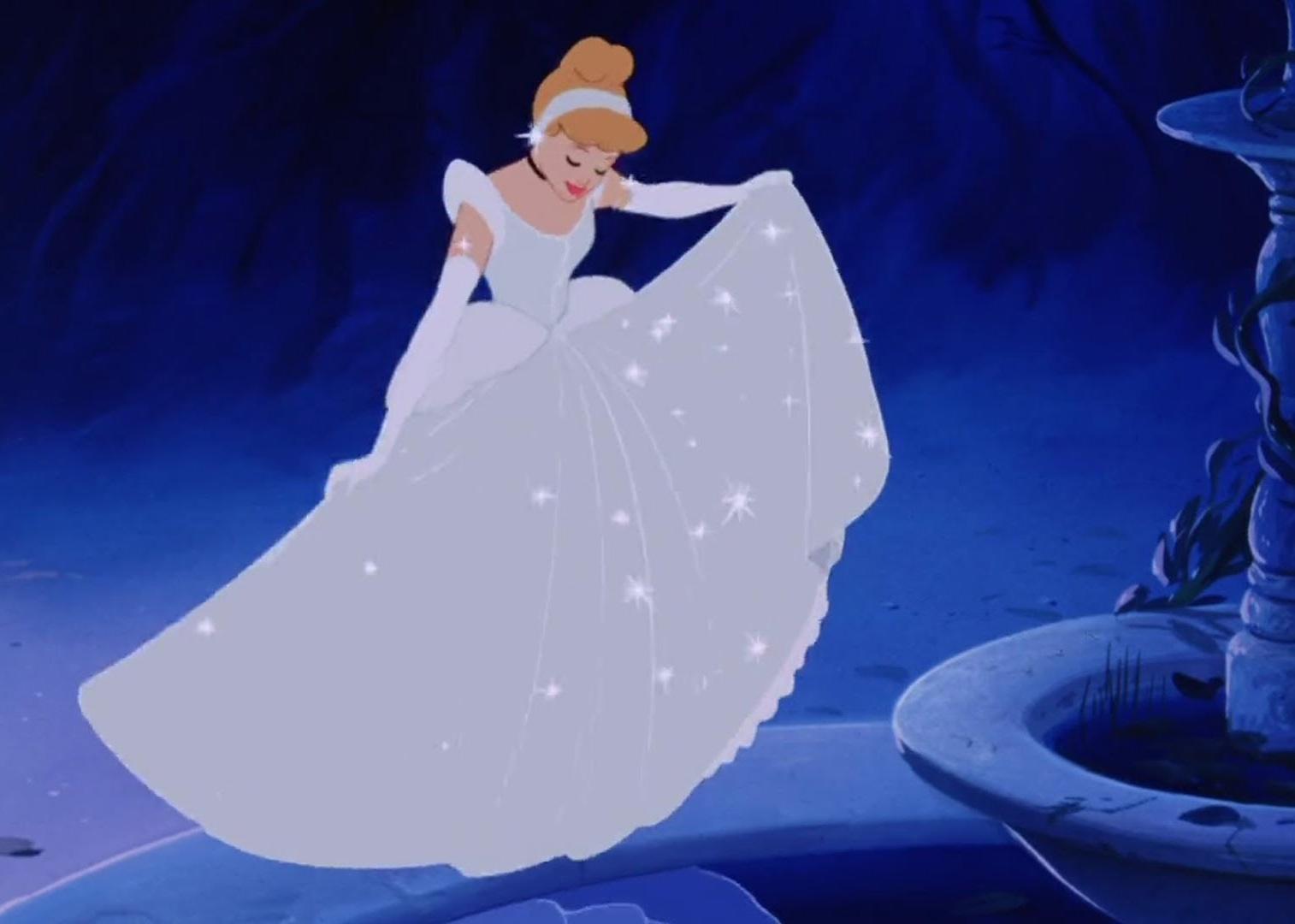 A cartoon of Cinderella in a sparkling gown smiling.