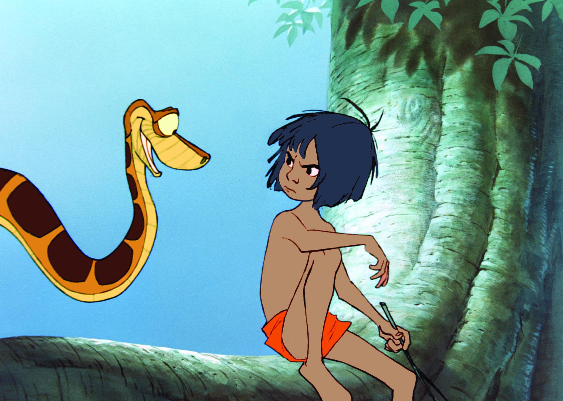A cartoon of a young Mowgli looking angrily at a snake, Kaa, on a tree branch next to him.