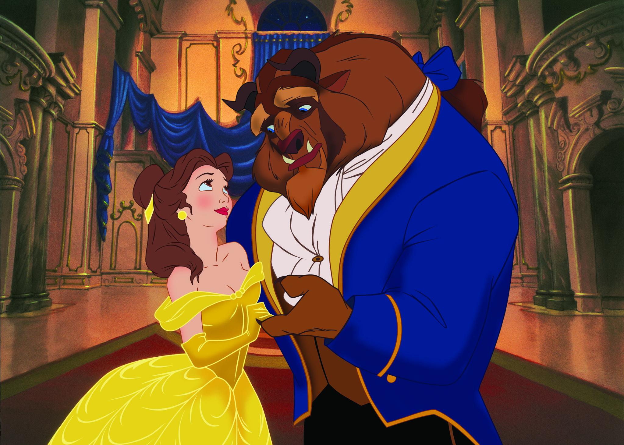 A cartoon of Belle in a yellow ball gown dancing with the Beast in a blue suit.