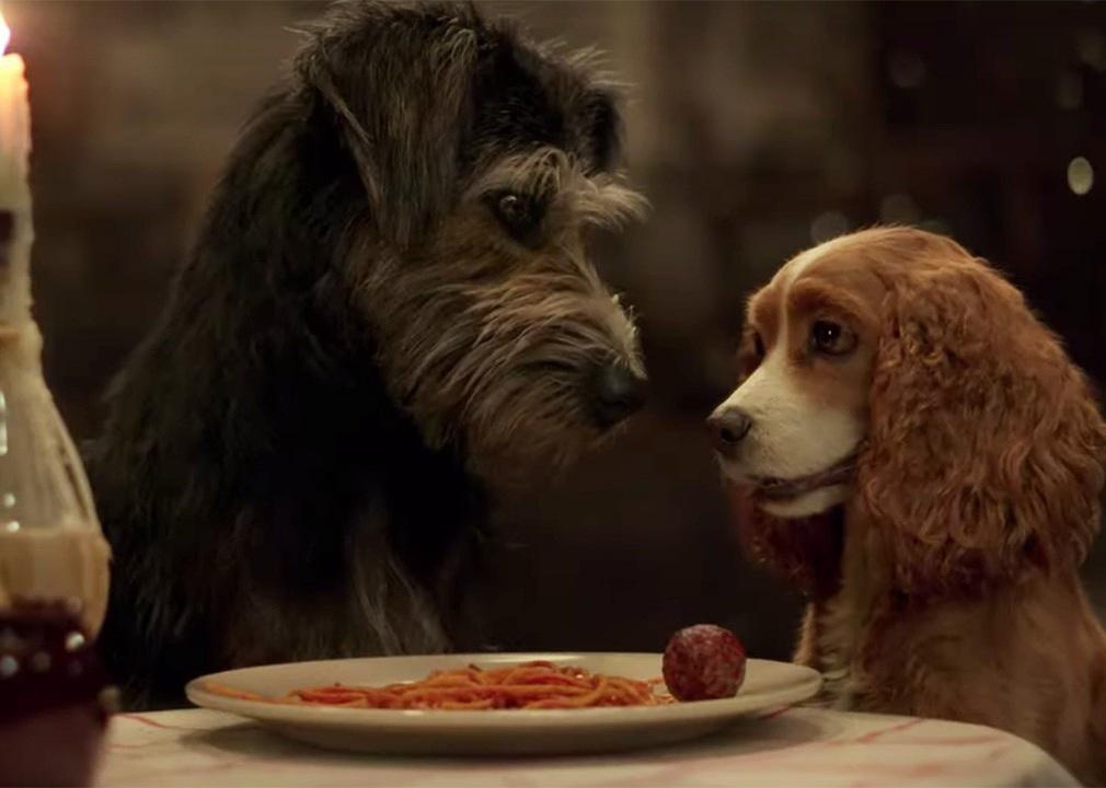 CGI Lady and the Tramp stare longingly at each other at a dinner table.