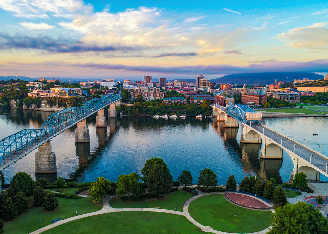 An aerial view of bridges going into downtown Chattanooga.
