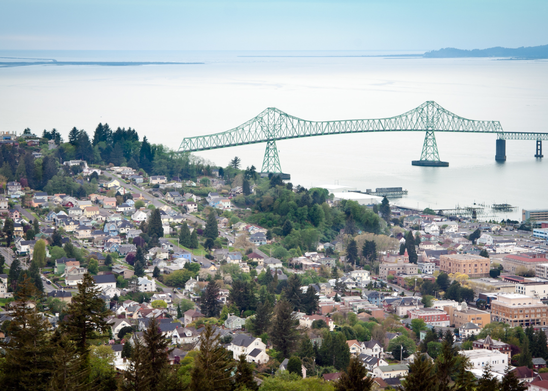 An aerial view of a bridge going to Astoria.