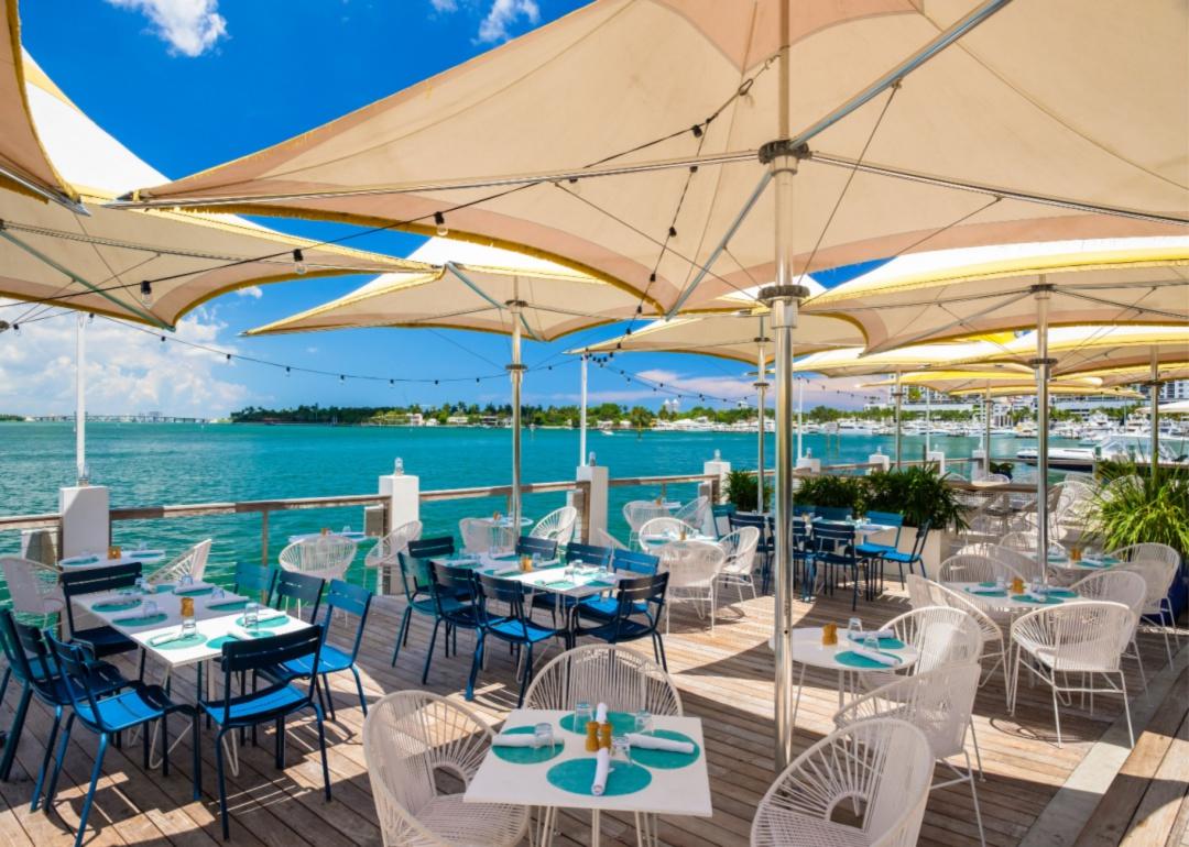 A beautiful restaurant patio on the blue water.