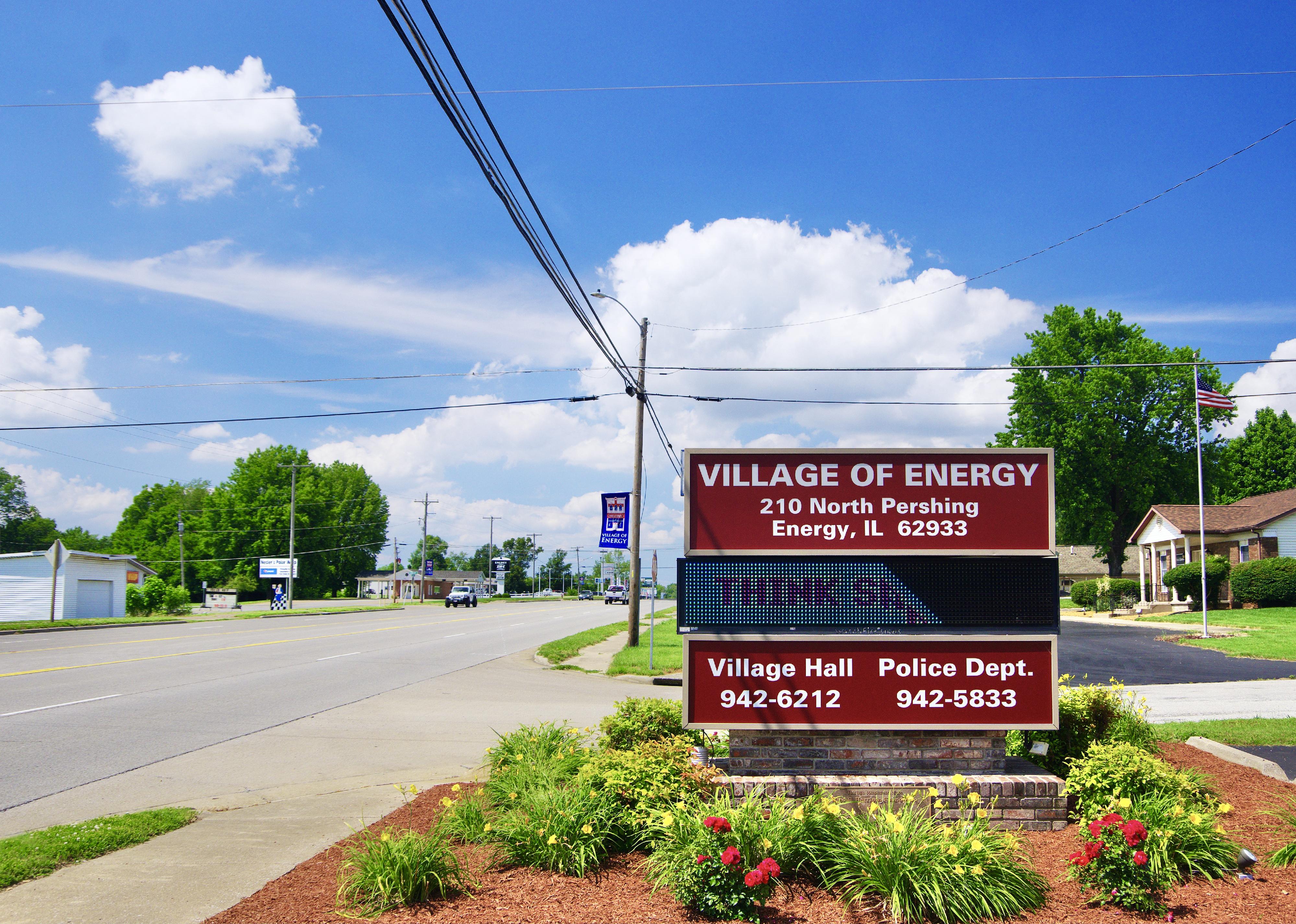 Village of Energy sign along Pershing Street.