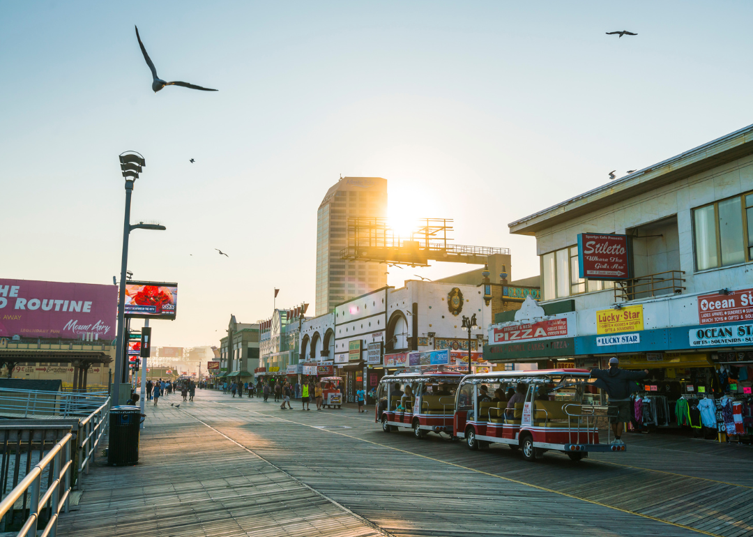 Businesses on the boardwalk in Atlantic City.