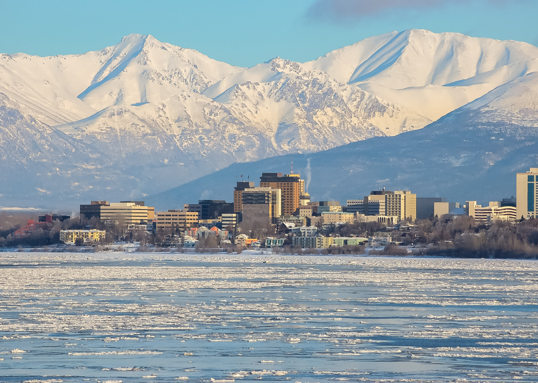 Downtown Anchorage waterfront with snowy mountains in the background.
