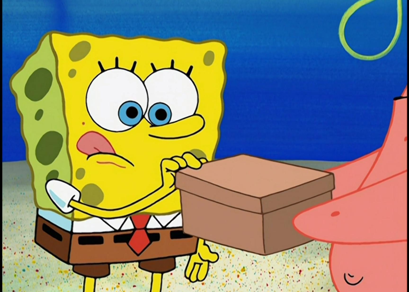 SpongeBob SquarePants holding a brown box.