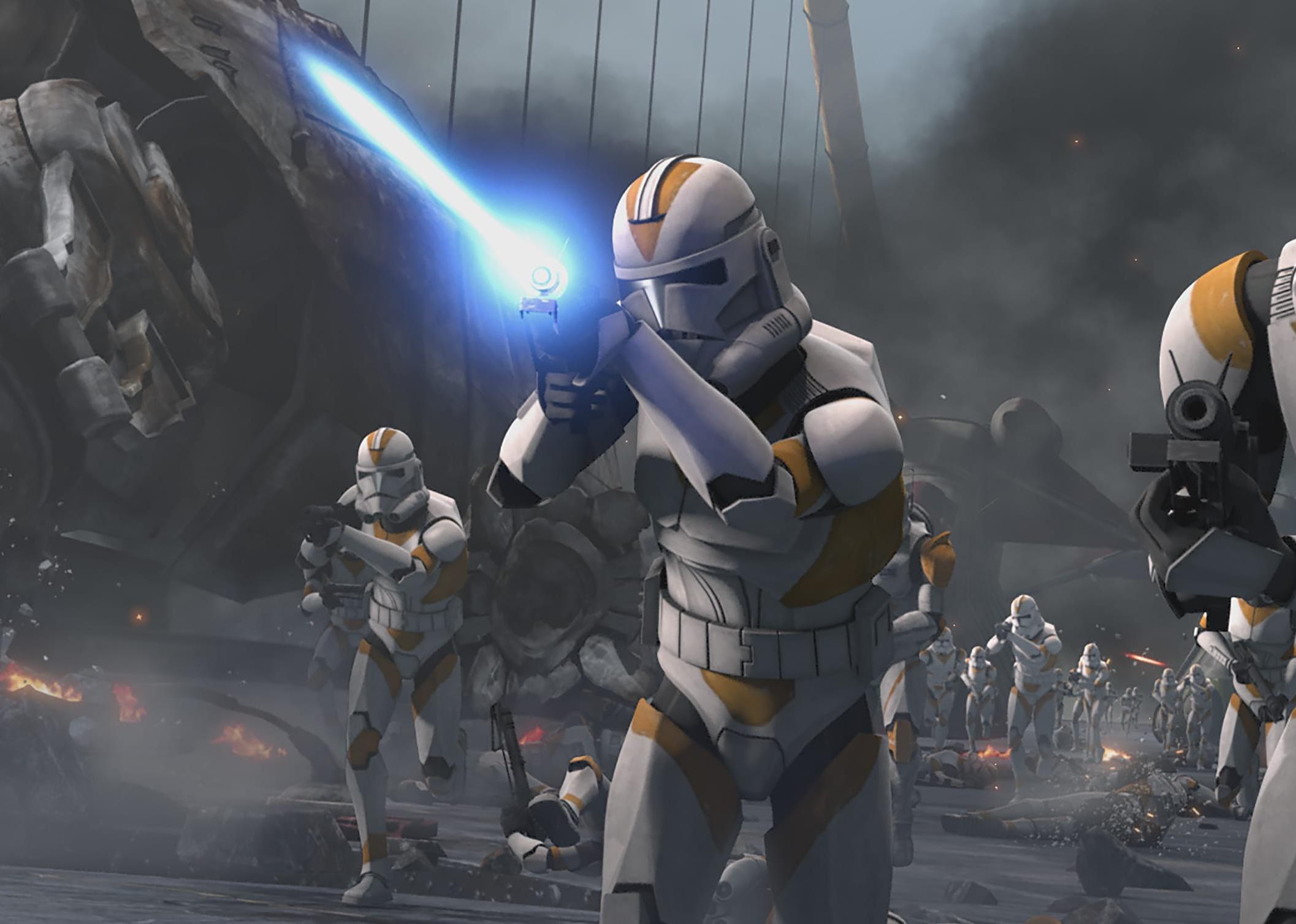 An animation of a group of storm troopers running and firing weapons.