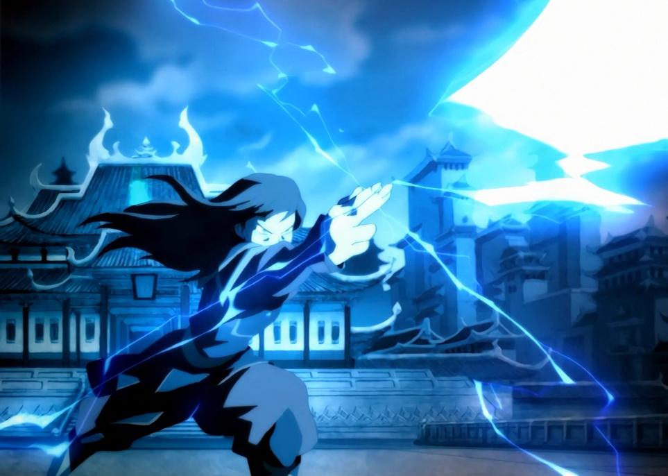 An animation of a person shooting a blue lightening bolt from their fingertips.