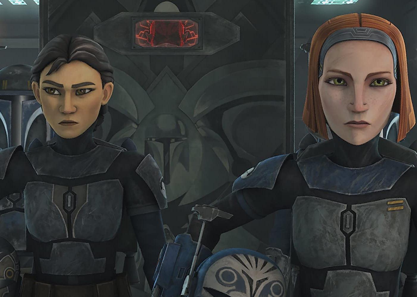 An animation of two women in dark armor.
