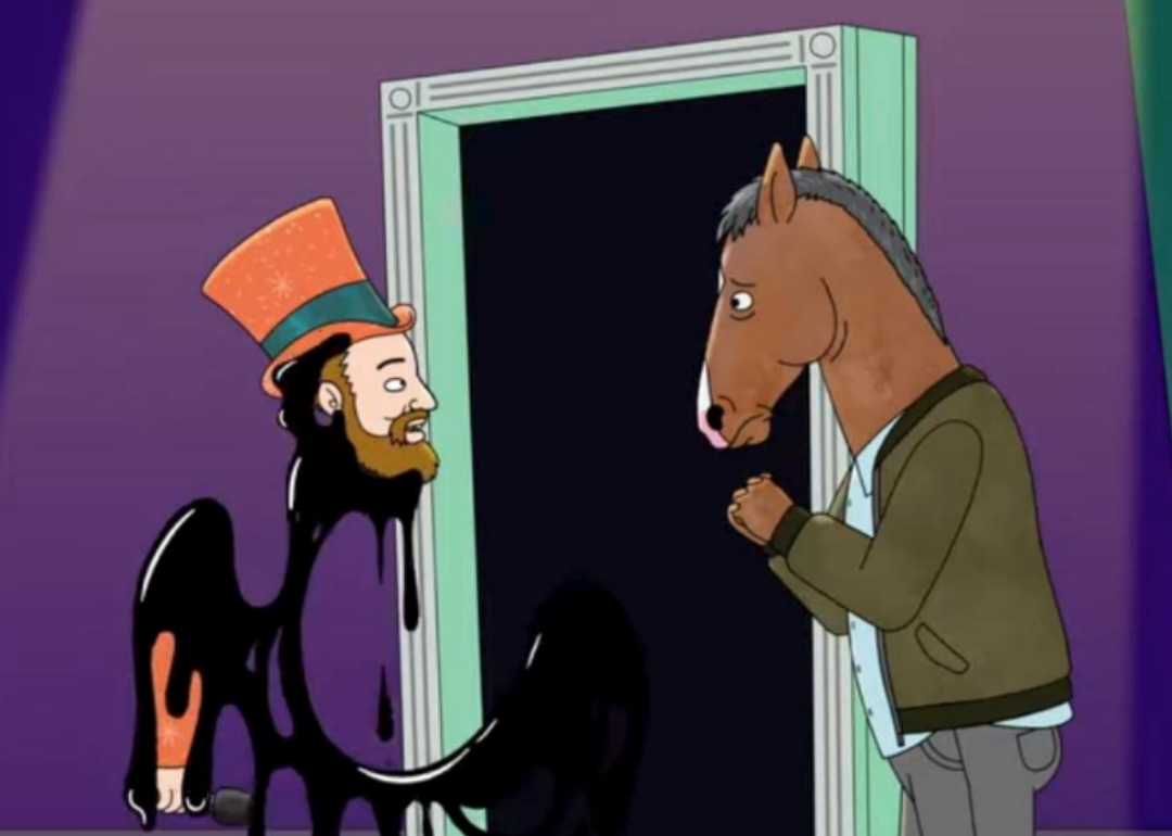 A cartoon of a horse talking to a drawing of half of a man.