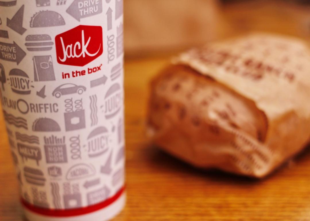 A drink and burger from Jack in the Box.