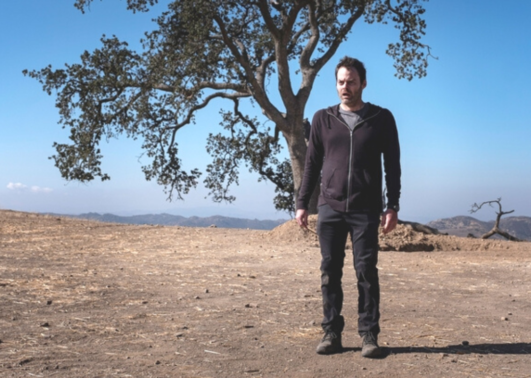 Bill Hader standing in front of a tree looking desperate.