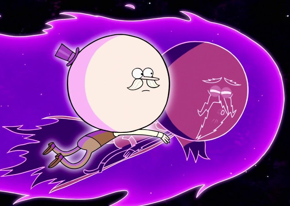 Two cartoon characters with giant round heads flying in a purple fireball.