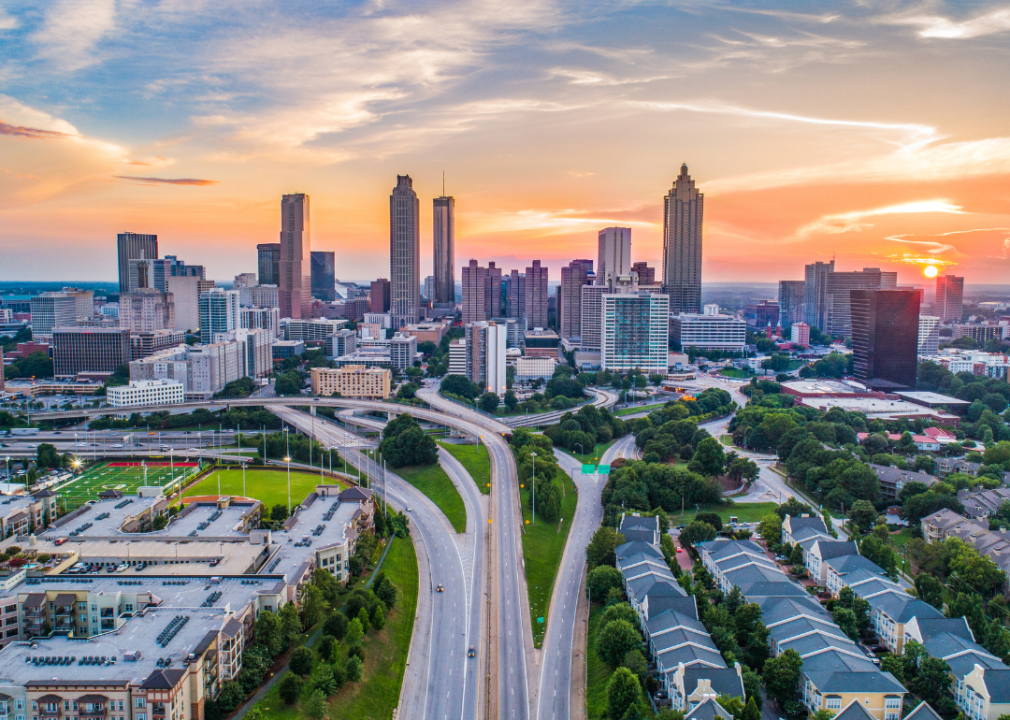 Aerial panoramic view of Atlanta, Georgia homes, highways and buildings.