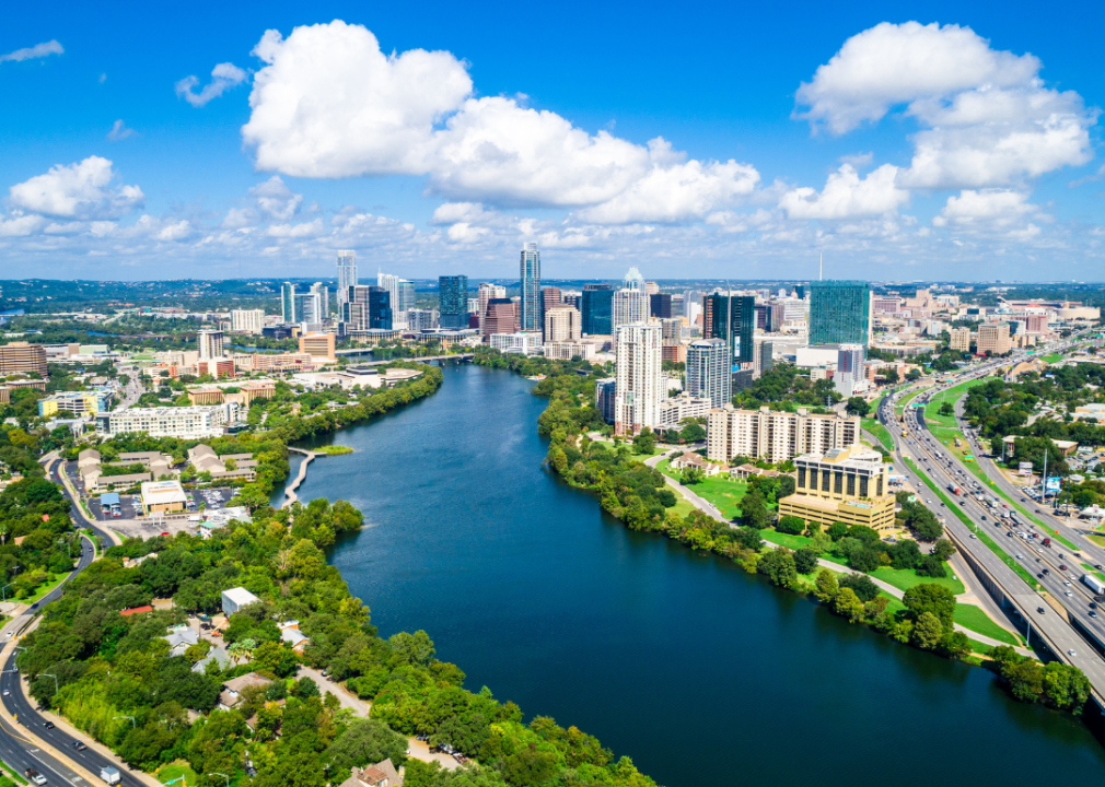 Austin, Texas aerial view of downtown in summer.