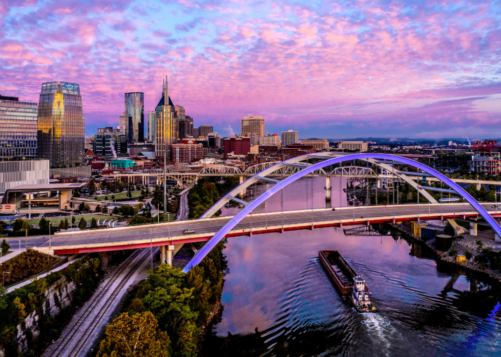 Nashville, Tennessee, over the water at dawn.