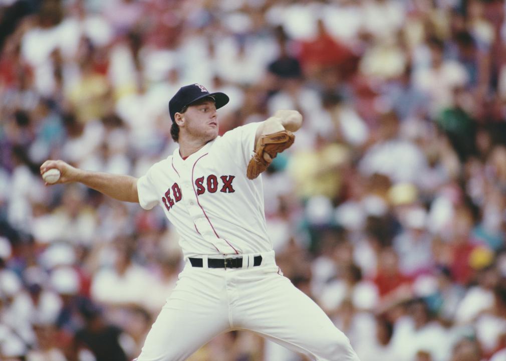 Roger Clemens, pitcher for the Boston Red Sox prepares to throw a pitch.