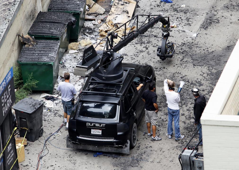 Aerial view of Transformers film crew filiming a scene Chicago