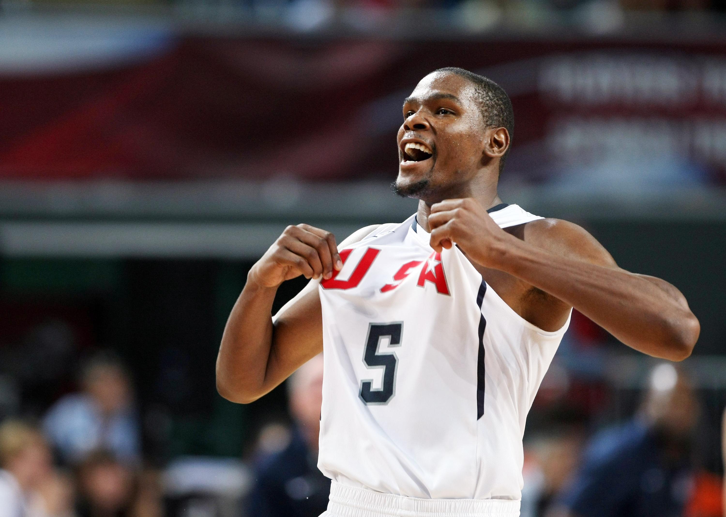 Kevin Durant in action at the 2010 World Championships of Basketball during the game between USA vs Lithuania.