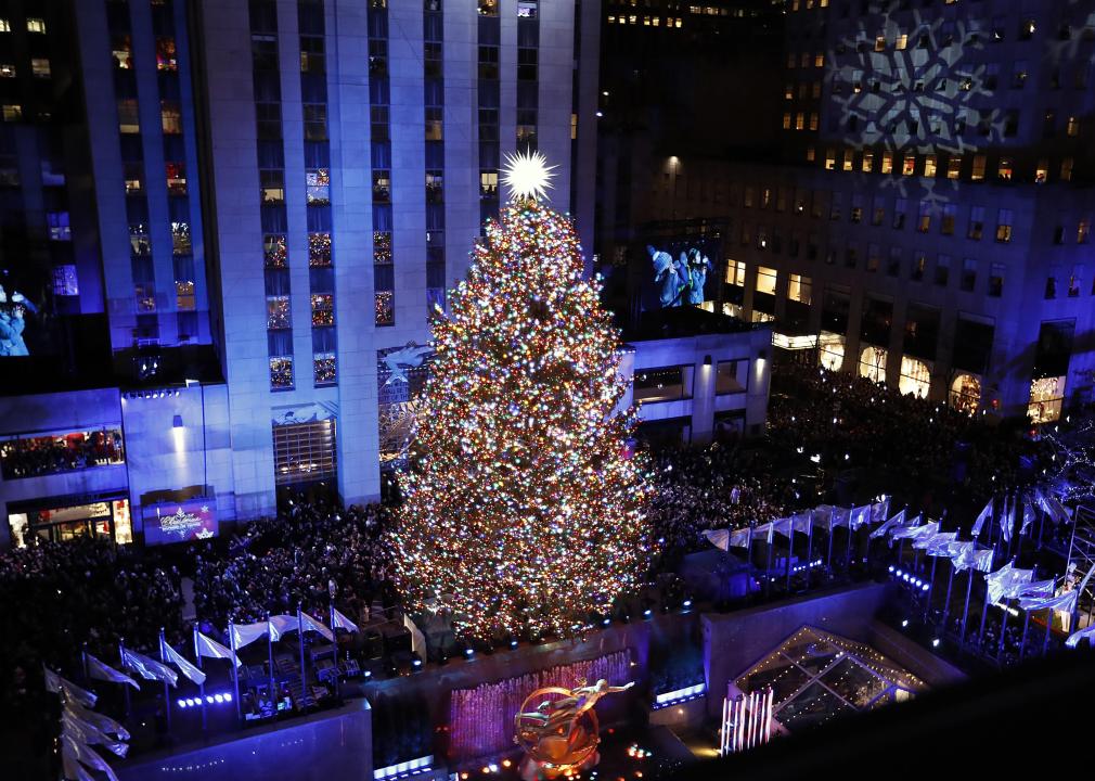 Elevated view of Rockefeller Center Christmas Tree at night.