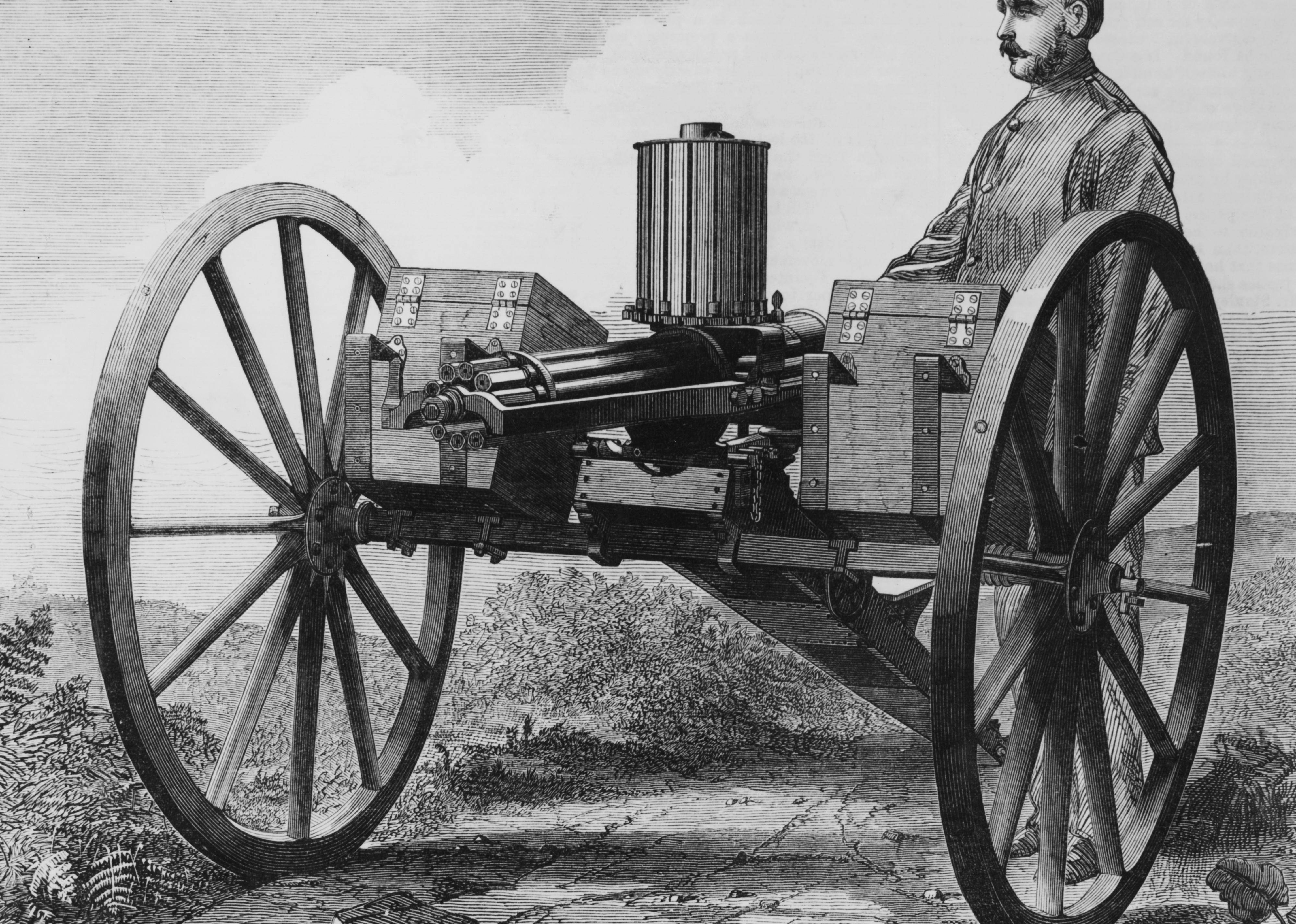 Illustration of a soldier with a Gatling gun.
