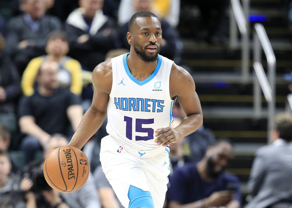 Front view of Kemba Walker of the Charlotte Hornets dribbling the ball 