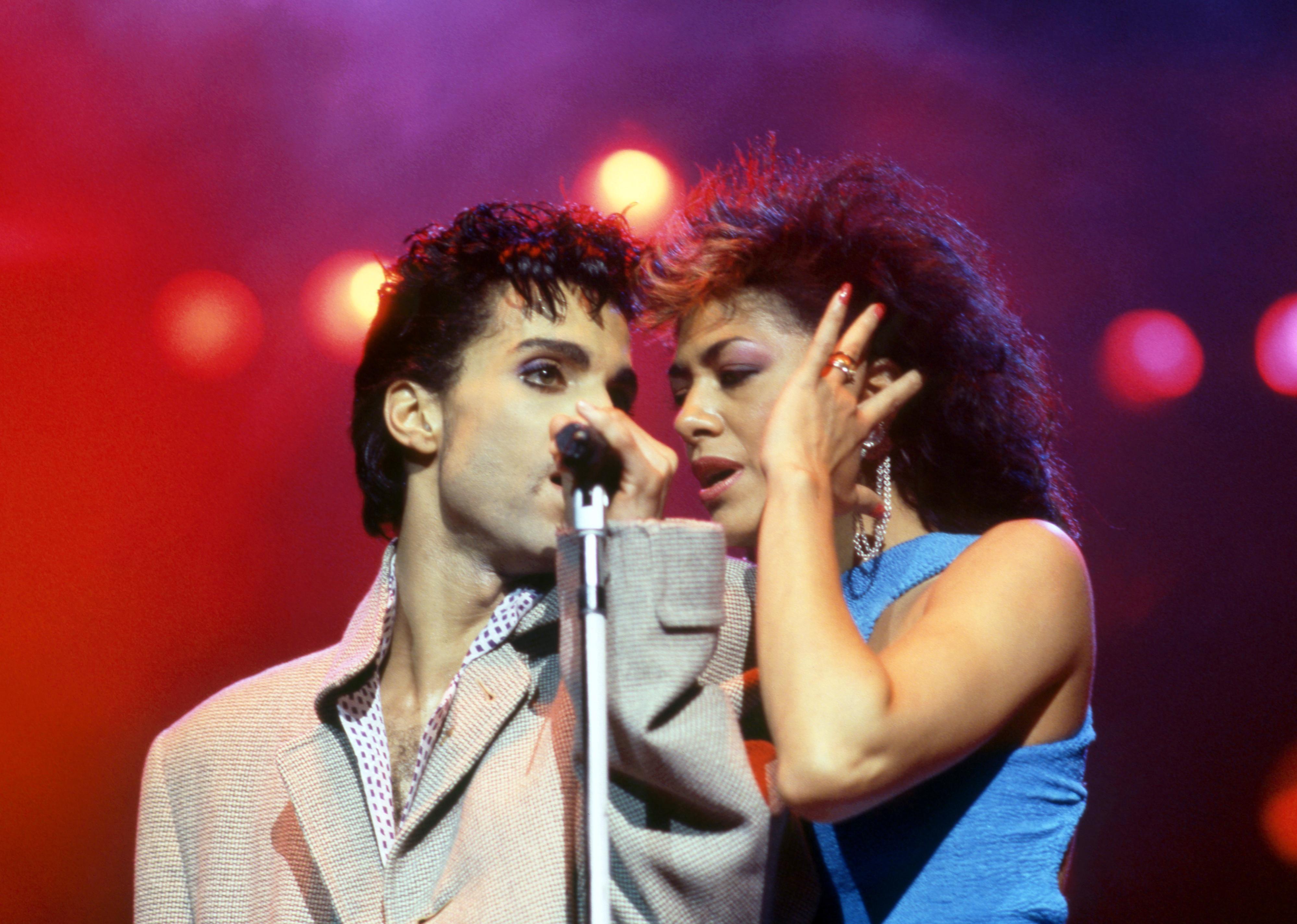 Prince with American singer Sheila E. on stage.