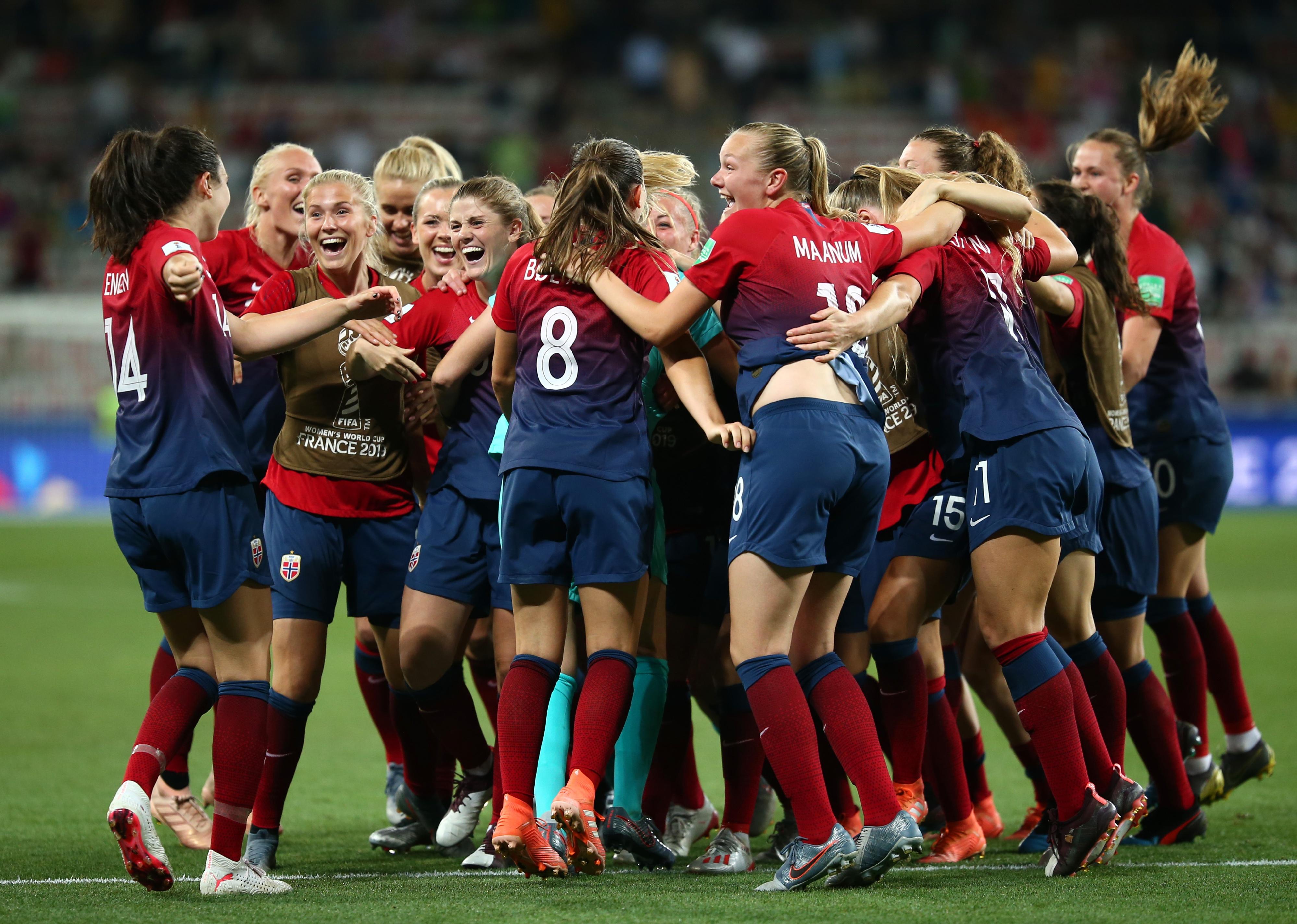 Norway players celebrate following their team's victory in the penalty shoot out.