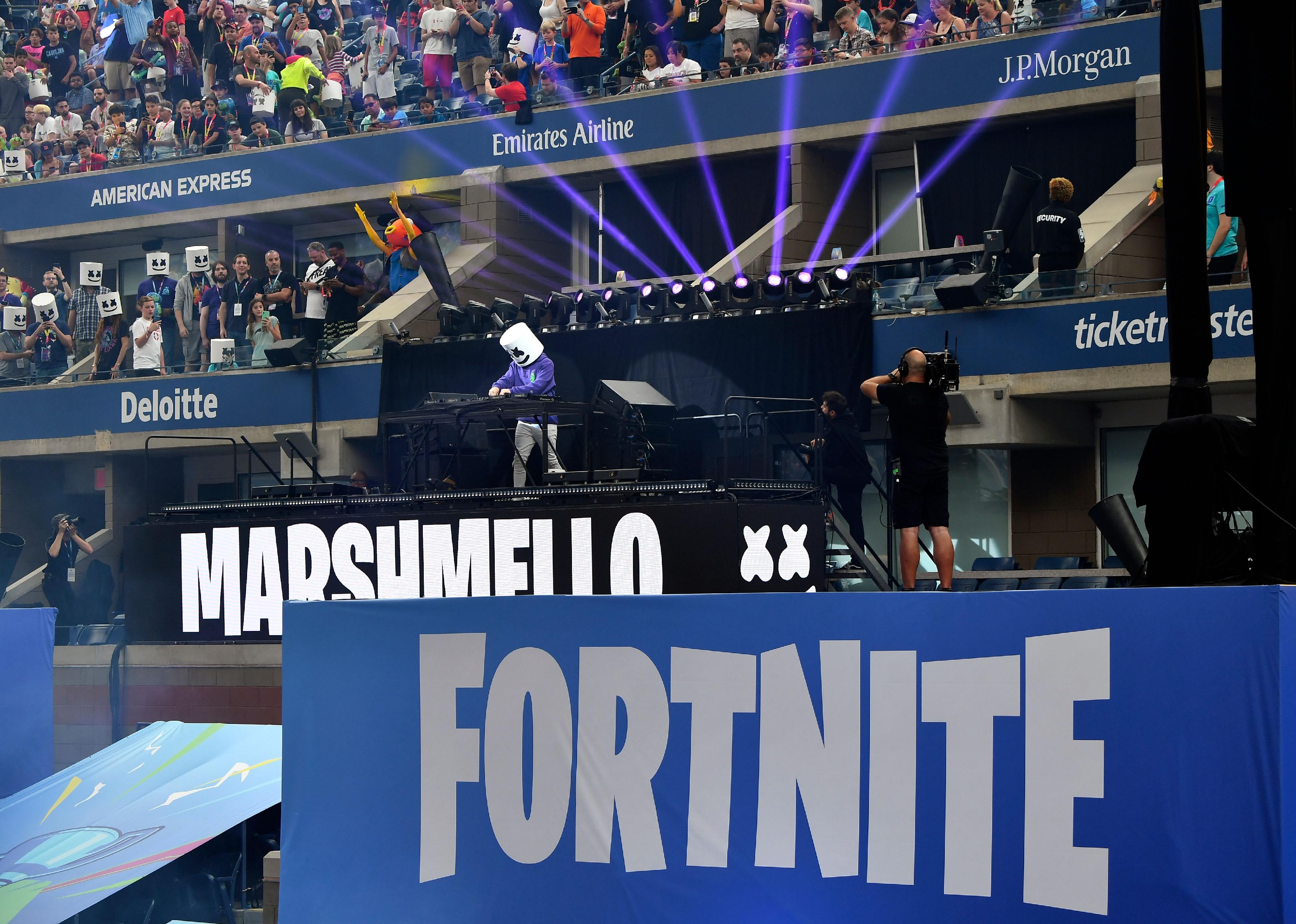 Dj Marshmello performs ahed of the final of the Solo competition at the 2019 Fortnite World Cup.
