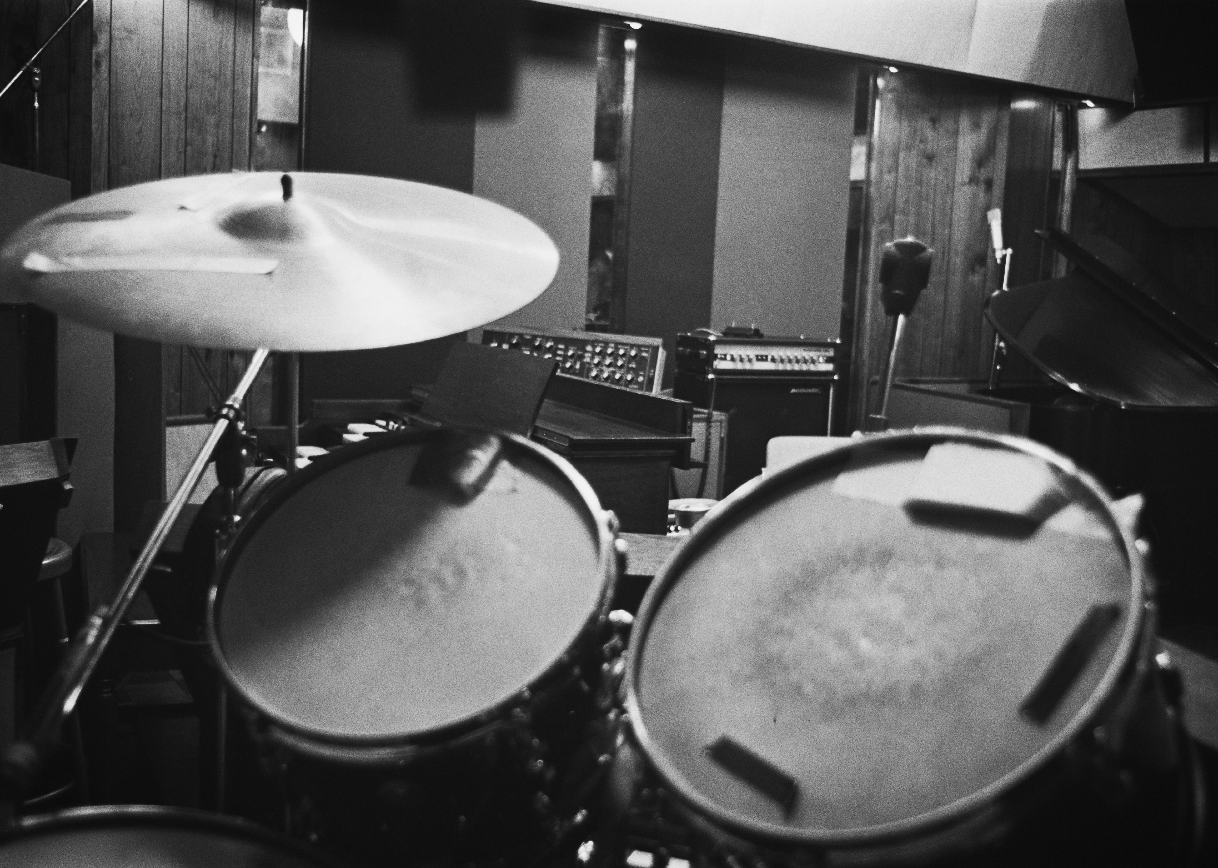 A drum kit at the Bolic Sound recording studio in Los Angeles in 1972.