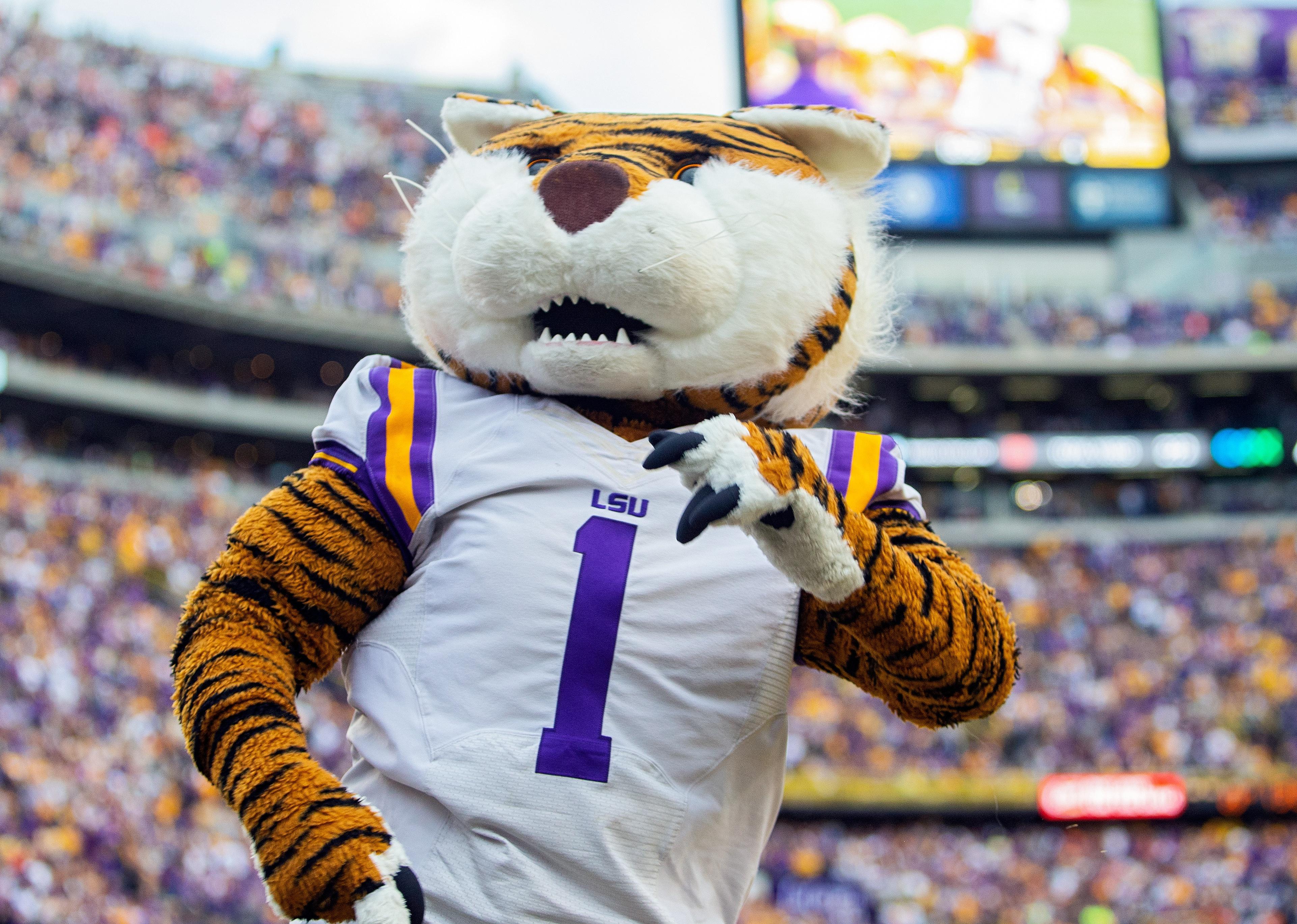 The costumed Mike the Tiger entertains the crowd during a game between the LSU Tigers and the Auburn Tigers.