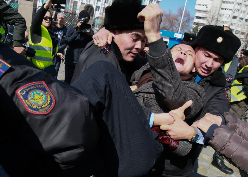 Kazakh police detain a protester