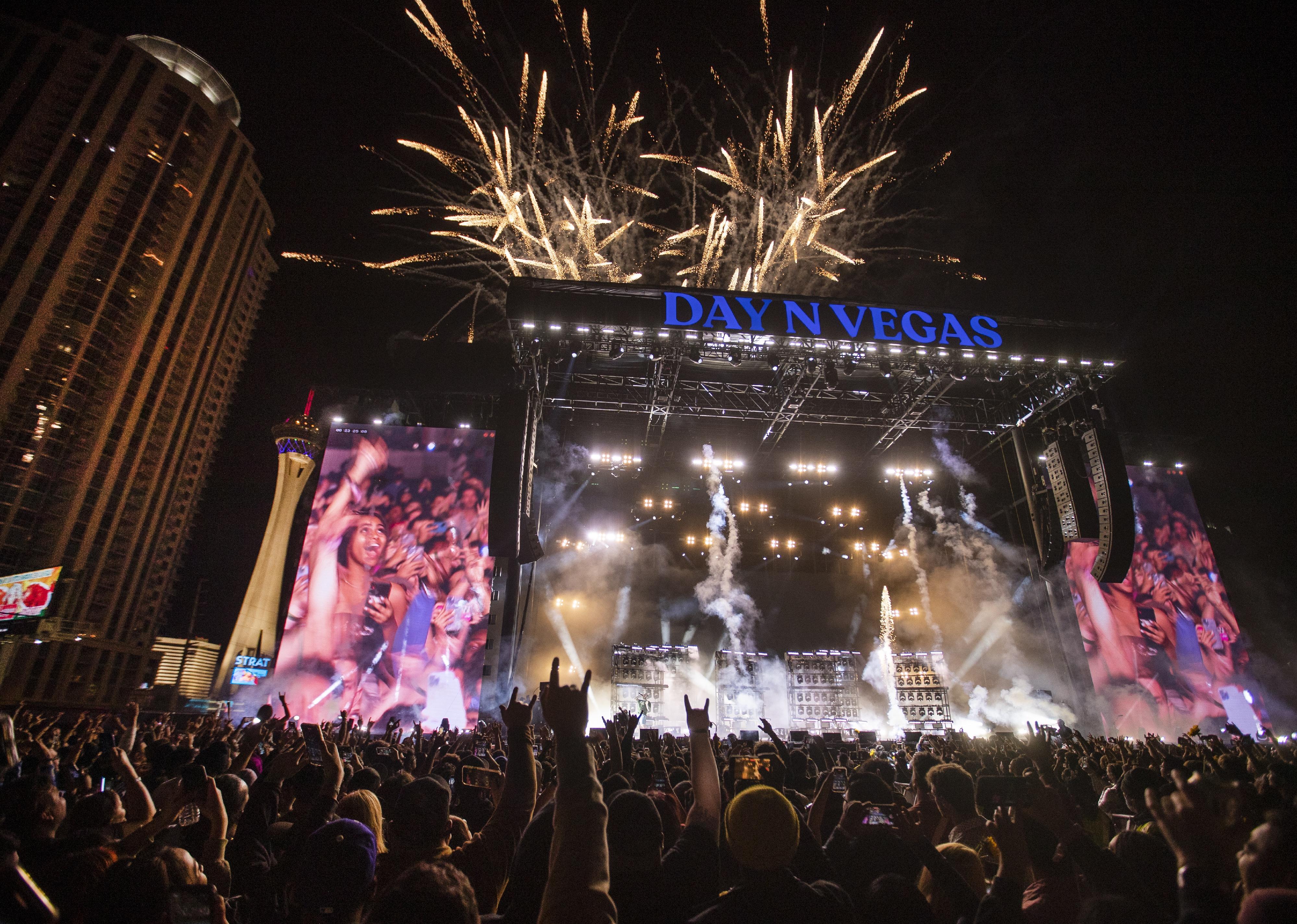 Fireworks explode as Saturday night headliner Post Malone performs during Day N Vegas festival.