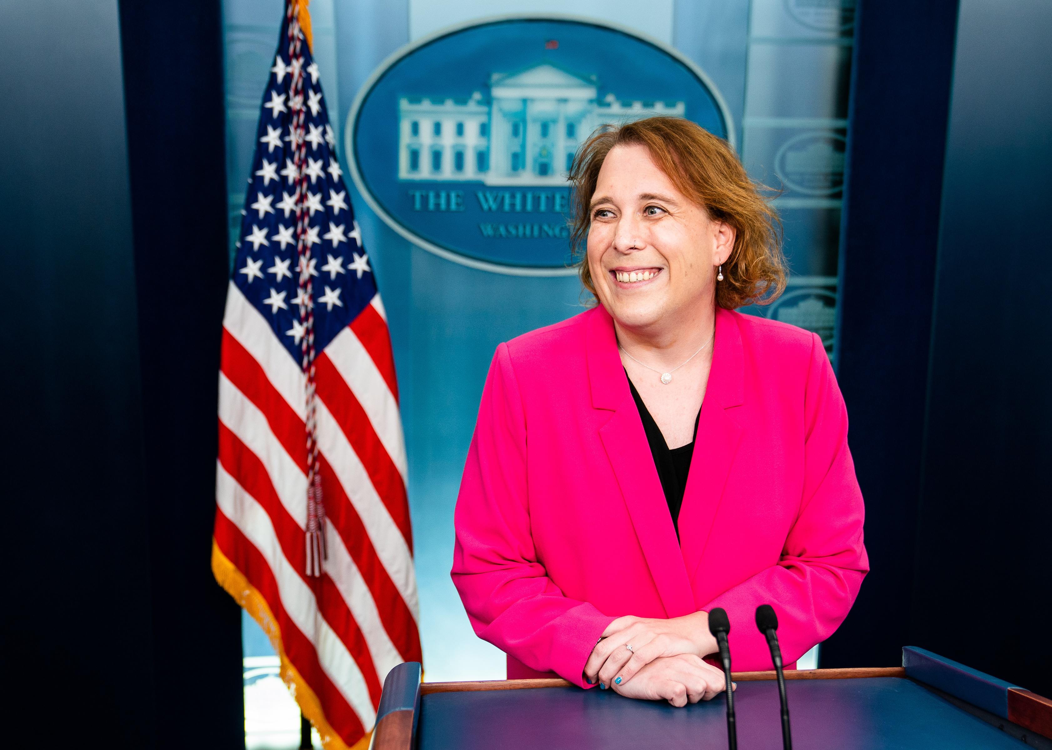 Amy Schneider visits the James Brady Room at the White House.