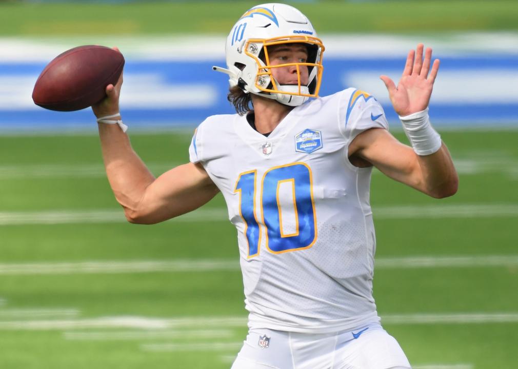 Justin Herbert #10 of the Los Angeles Chargers throws a pass.