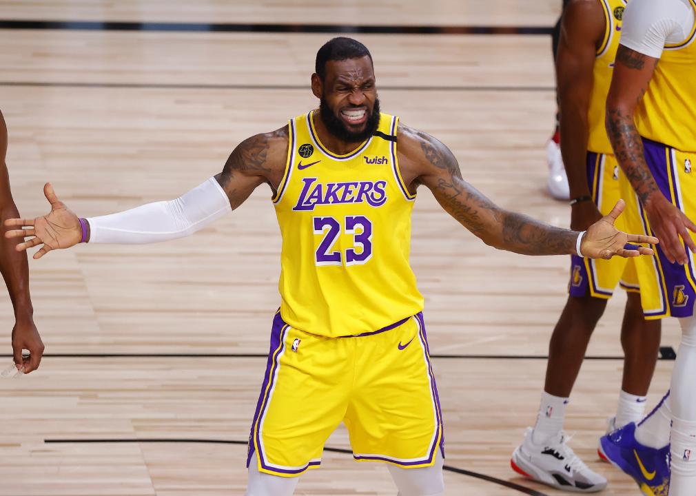 LeBron James of the Los Angeles Lakers reacts to a call