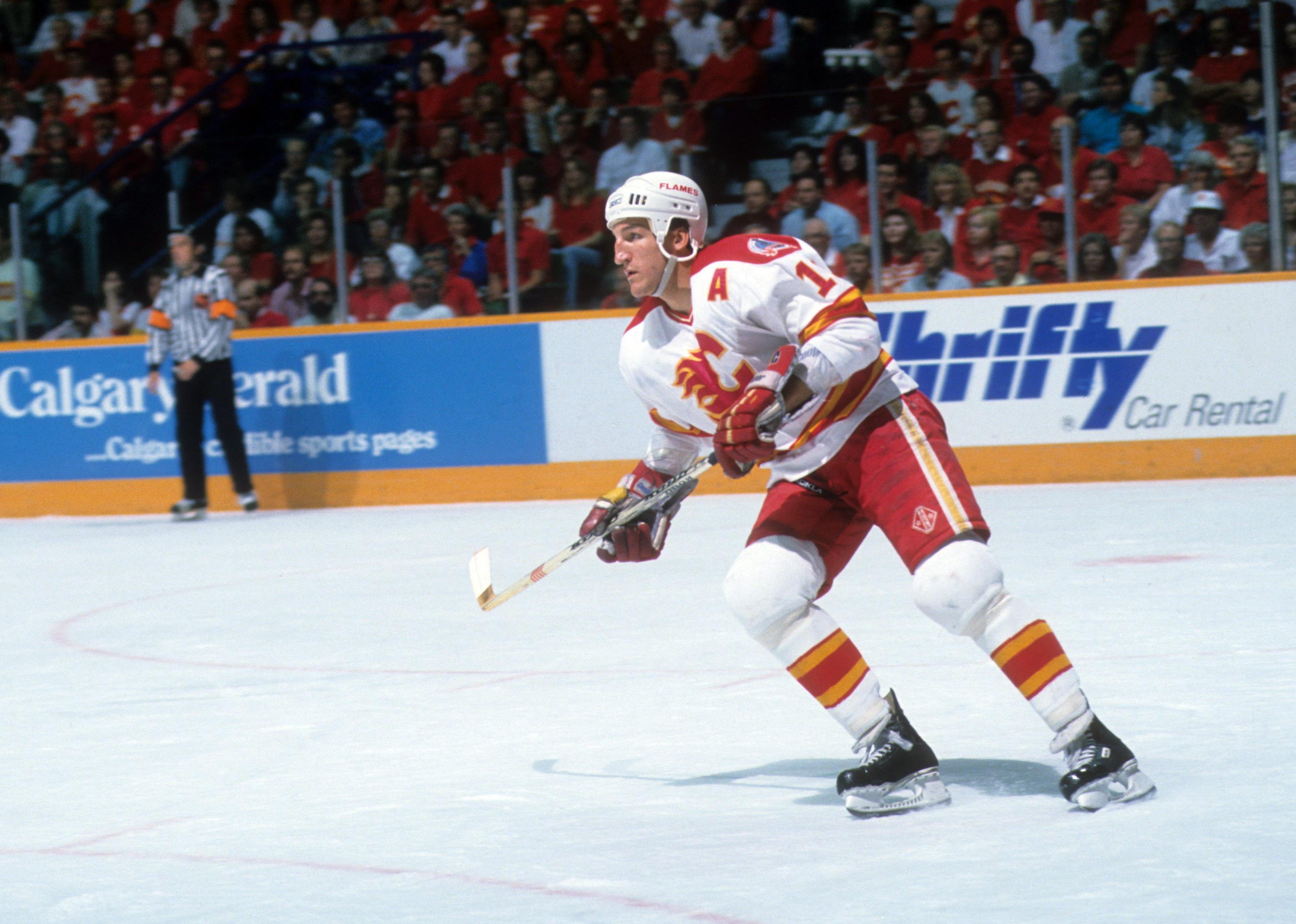 Tim Hunter skates on the ice during the 1989 Stanley Cup Finals.