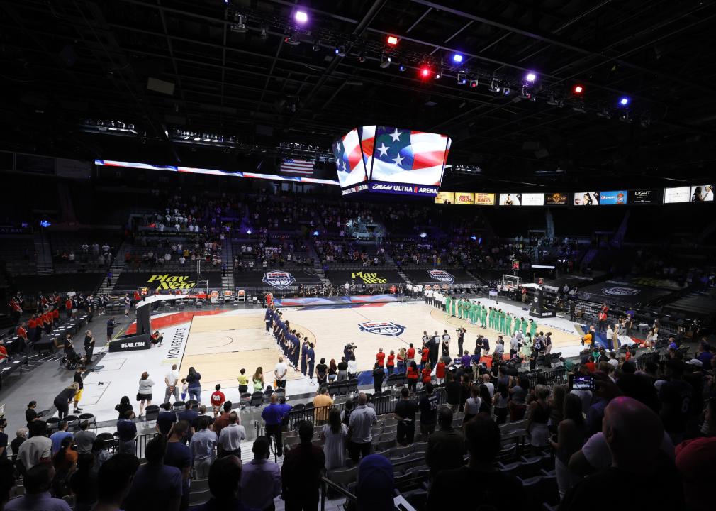Players stand on the court before a game at Michelob ULTRA Arena