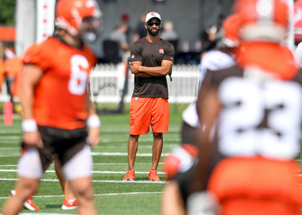 General manager Andrew Berry of the Cleveland Browns watches practice during Cleveland Browns Training Camp