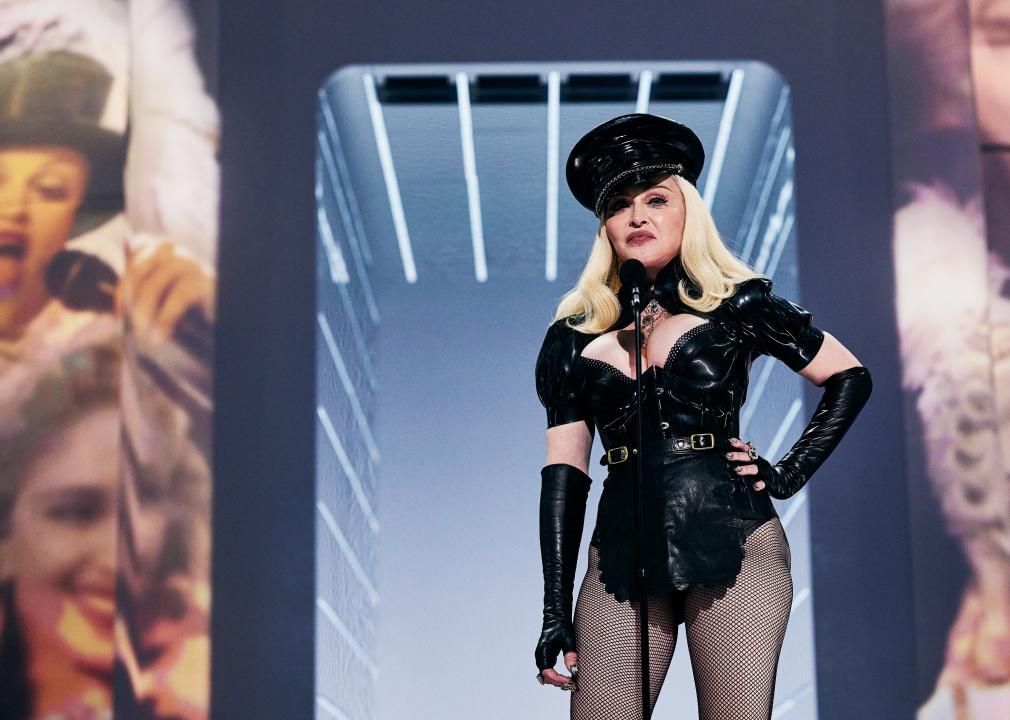 Madonna speaks onstage during the 2021 MTV Video Music Awards