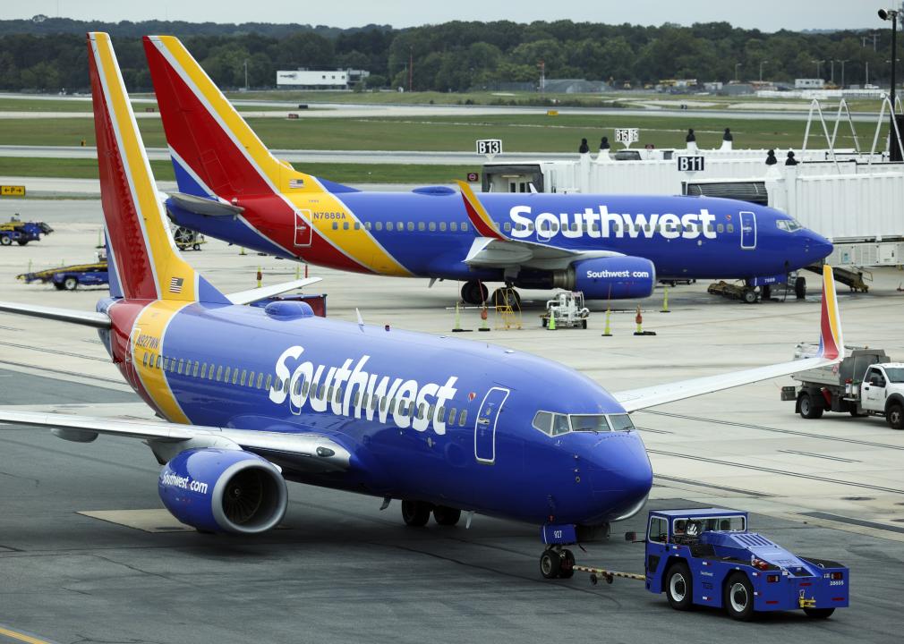 A Southwest Airlines airplane taxies from a gate at Baltimore Washington International Thurgood Marshall Airport.