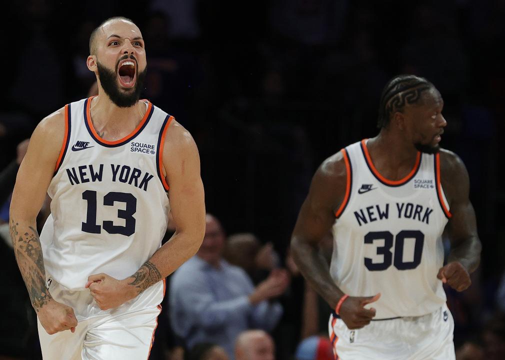 Evan Fournier of the New York Knicks reacts after making a 3-point basket.