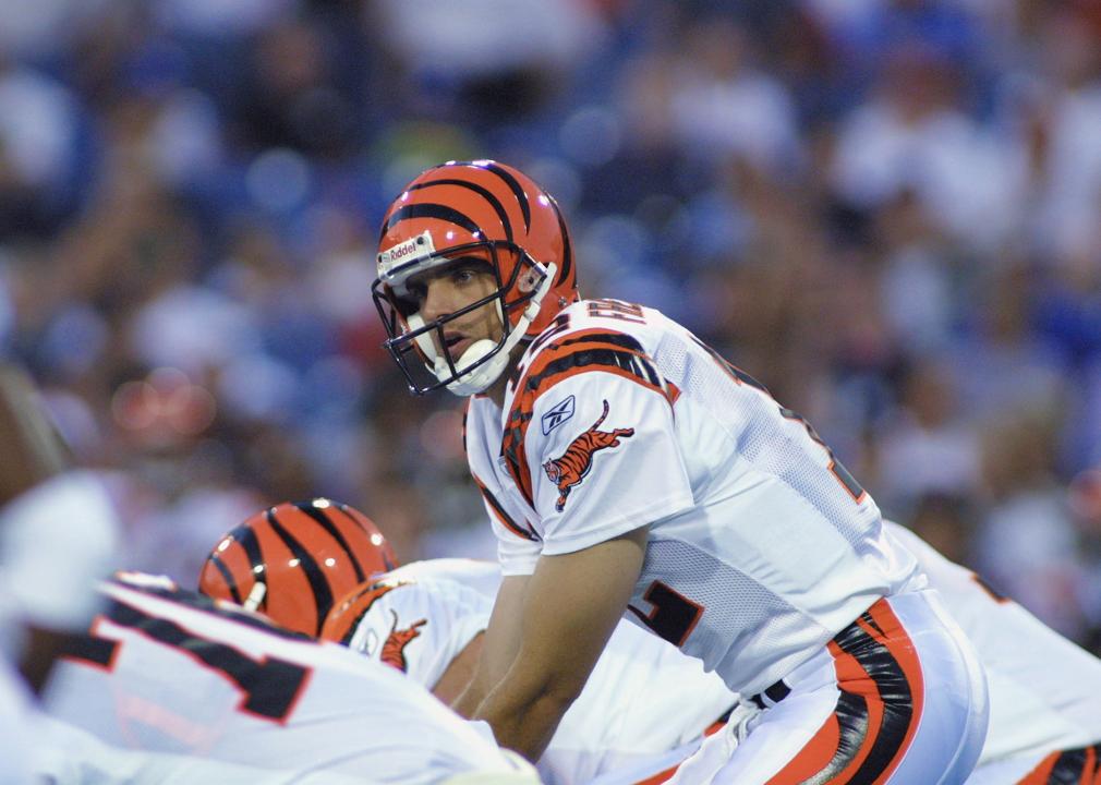 Gus Frerotte of the Cincinnati Bengals crouches over center during the NFL preseason game.